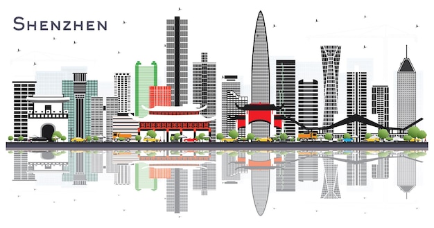 Horizonte de la ciudad de Shenzhen, China con edificios de color y reflejos aislados en blanco