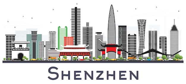 Horizonte de la ciudad de shenzhen china con edificios de colores aislados en blanco. ilustración de vector. concepto de turismo y viajes de negocios con arquitectura moderna. paisaje urbano de shenzhen con hitos.