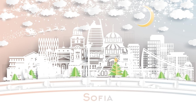 El horizonte de la ciudad de Sofía de invierno en estilo de corte de papel con copos de nieve luna y guirnalda de neón concepto de Navidad y año nuevo Santa Claus en trineo paisaje urbano de Sofía con puntos de referencia