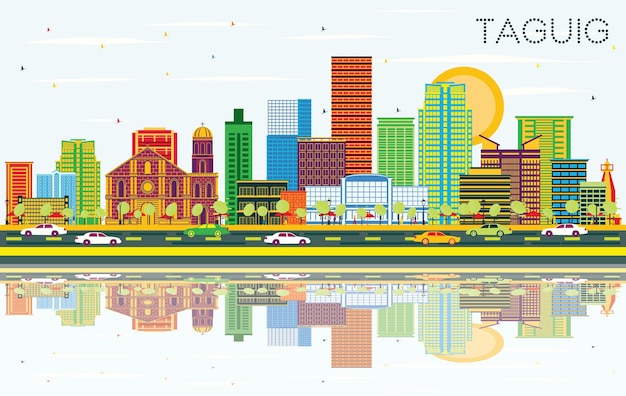 Horizonte de la ciudad de Taguig Filipinas con edificios de color, cielo azul y reflejos. Ilustración de vector. Concepto de turismo y viajes de negocios con arquitectura moderna. Paisaje urbano de Taguig con hitos.
