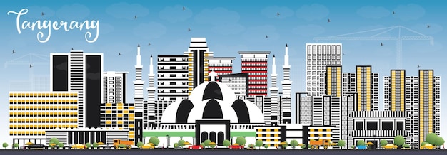 Horizonte de la ciudad de Tangerang Indonesia con edificios grises y cielo azul. Ilustración de vector. Concepto de turismo y viajes de negocios con arquitectura moderna. Paisaje urbano de Tangerang con hitos.