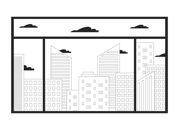 Horizonte de la ciudad a través de la ventana objeto de línea 2D en blanco y negro