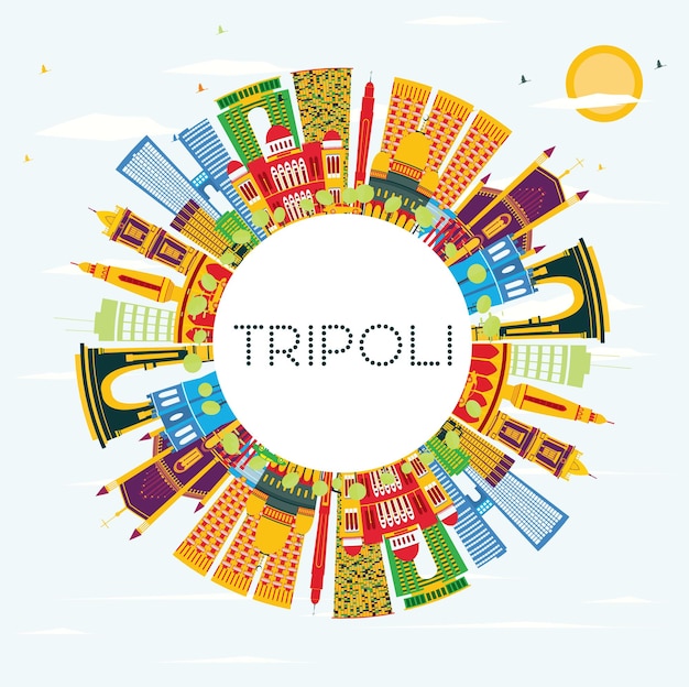 Horizonte de la ciudad de Trípoli con edificios de colorÐ ± cielo azul y espacio de copia. Ilustración de vector. Concepto de turismo y viajes de negocios con edificios históricos. Paisaje urbano de Trípoli con hitos.
