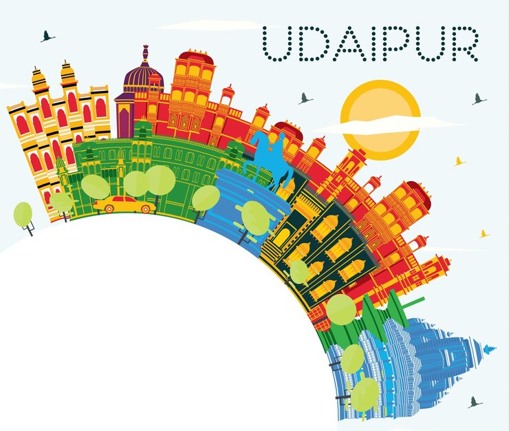Vector horizonte de la ciudad de udaipur india con edificios de color azul cielo y espacio de copia