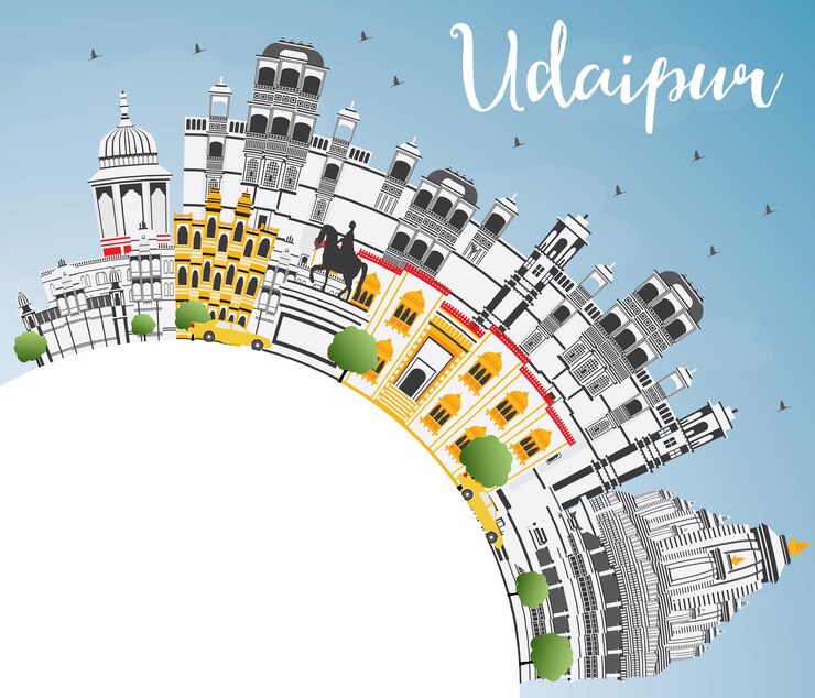 Vector horizonte de la ciudad de udaipur india con edificios de color, cielo azul y espacio de copia. ilustración de vector. concepto de turismo y viajes de negocios con arquitectura histórica. paisaje urbano de udaipur con hitos.