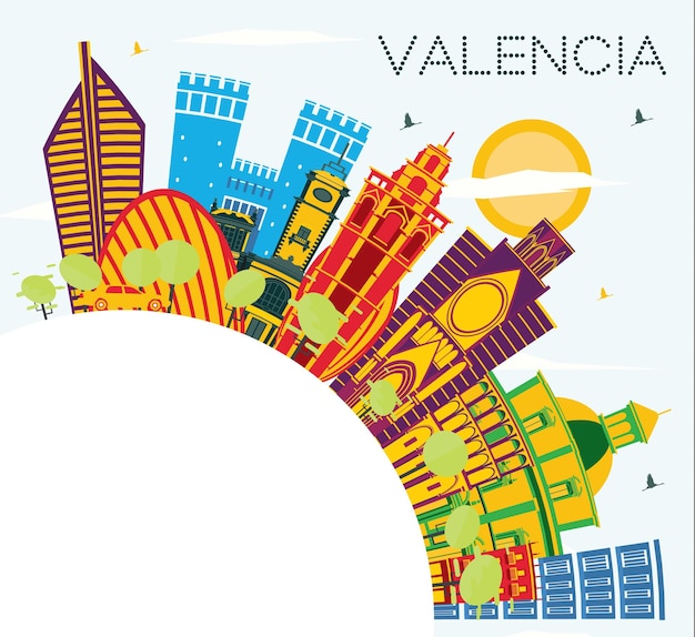 Vector horizonte de la ciudad de valencia españa con edificios de color, cielo azul y espacio de copia. ilustración