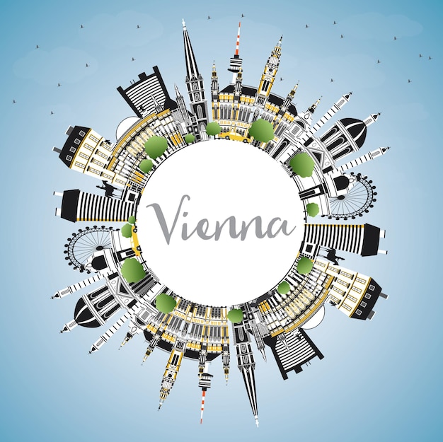 Horizonte de la ciudad de viena austria con edificios de color, cielo azul y espacio de copia. ilustración de vector. concepto de turismo y viajes de negocios con arquitectura histórica. paisaje urbano de viena con hitos.