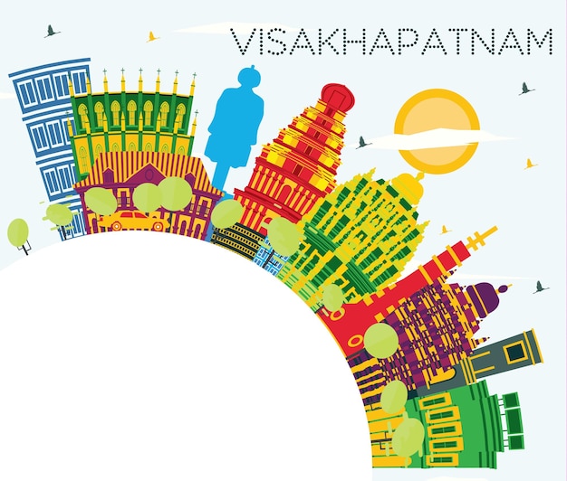 Vector horizonte de la ciudad de visakhapatnam india con edificios de color azul cielo y espacio de copia ilustración vectorial