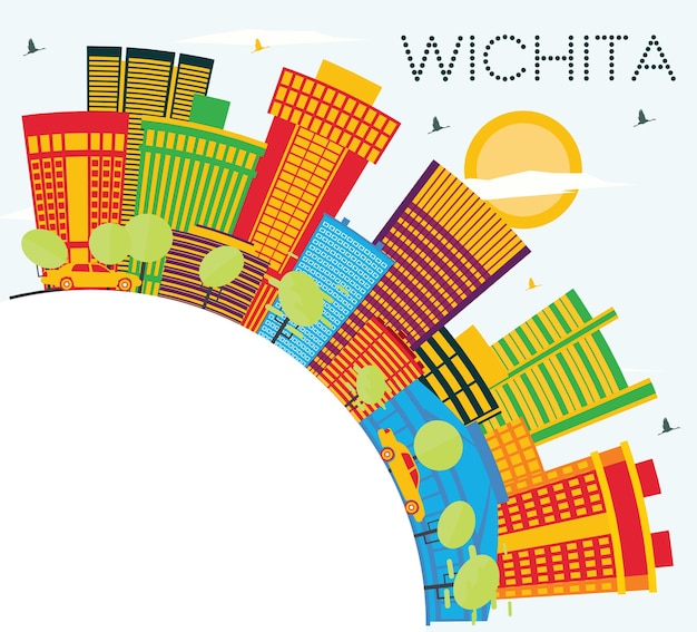 Horizonte de la ciudad de wichita kansas estados unidos con edificios de color, cielo azul y espacio de copia. ilustración de vector. concepto de turismo y viajes de negocios con arquitectura moderna. paisaje urbano de wichita con hitos.