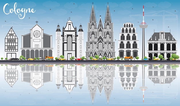 Vector horizonte de colonia con edificios grises, cielo azul y reflejos. ilustración de vector. concepto de turismo y viajes de negocios con arquitectura histórica. imagen para el cartel de presentación y el sitio web.