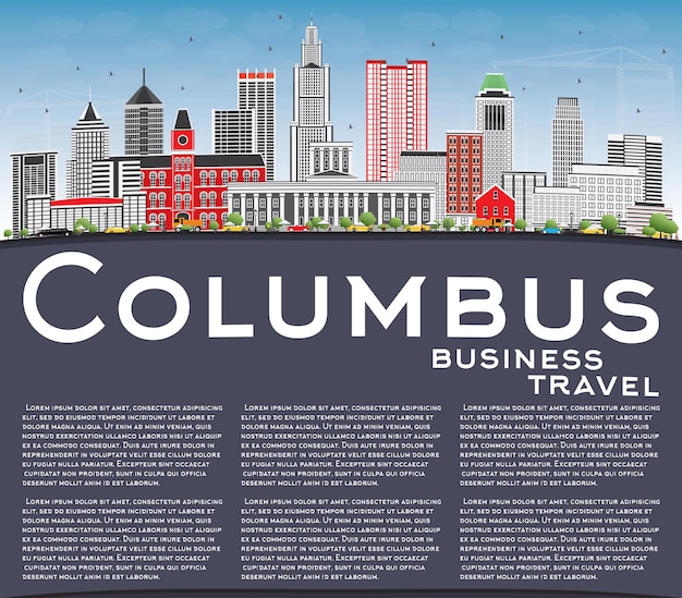 Horizonte de Columbus con edificios grises, cielo azul y copie el espacio. Ilustración de vector. Concepto de turismo y viajes de negocios con arquitectura moderna. Imagen para el cartel de presentación y el sitio web.