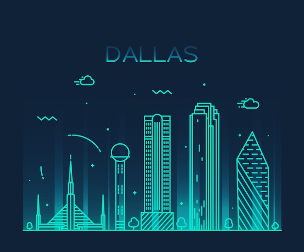 Horizonte de Dallas, arquitectura de la gran ciudad, ilustración vectorial grabada vintage, dibujado a mano, boceto.