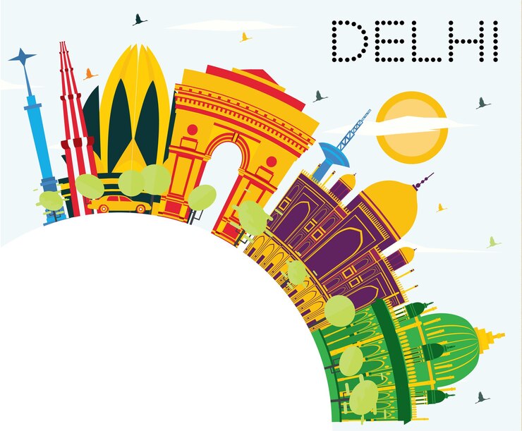 Vector horizonte de delhi india con edificios de color, cielo azul y espacio de copia. ilustración de vector. concepto de turismo y viajes de negocios con arquitectura histórica. paisaje urbano de delhi con hitos.