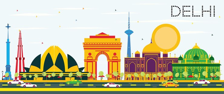 Vector horizonte de delhi india con edificios de color y cielo azul. ilustración de vector. concepto de turismo y viajes de negocios con arquitectura histórica. imagen para el cartel de presentación y el sitio web.