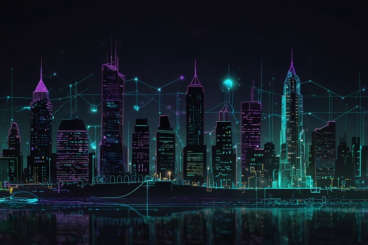 El horizonte futurista de la ciudad de neón con superposición de red de datos