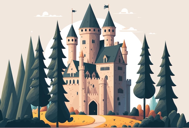 En el horizonte hay un pequeño castillo con torres altas El castillo se caracteriza por techos en forma de cono Hermosas plantas crecen alrededor del castillo y las paredes redondeadas son visibles Ilustración vectorial