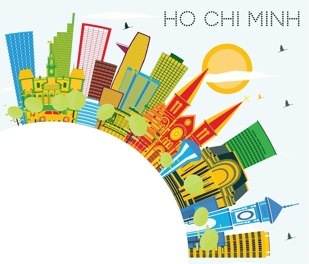 Horizonte de ho chi minh con edificios de color, cielo azul y espacio de copia. ilustración de vector. concepto de turismo y viajes de negocios con edificios modernos. paisaje urbano de ho chi minh vietnam con hitos.