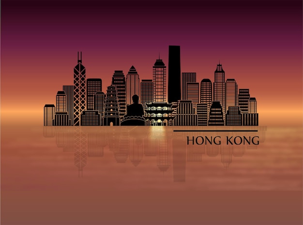 Horizonte de Hong Kong con edificios negros reflejos ilustración vectorial. viajes de negocios