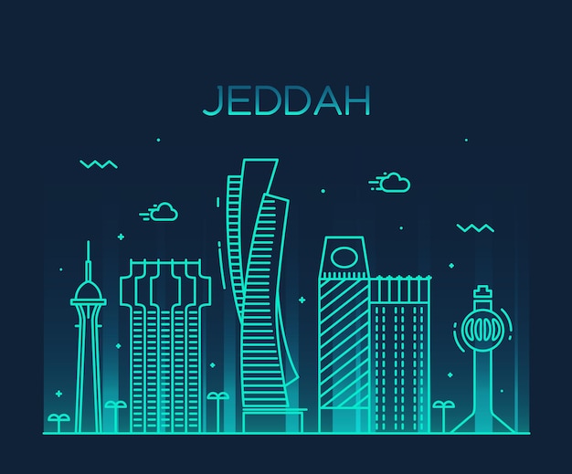 Horizonte de Jeddah, silueta detallada. Ilustración de vector de moda, estilo lineal