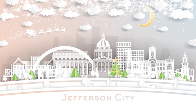 Horizonte de jefferson city missouri en estilo de corte de papel con luna de copos de nieve y guirnalda de neón