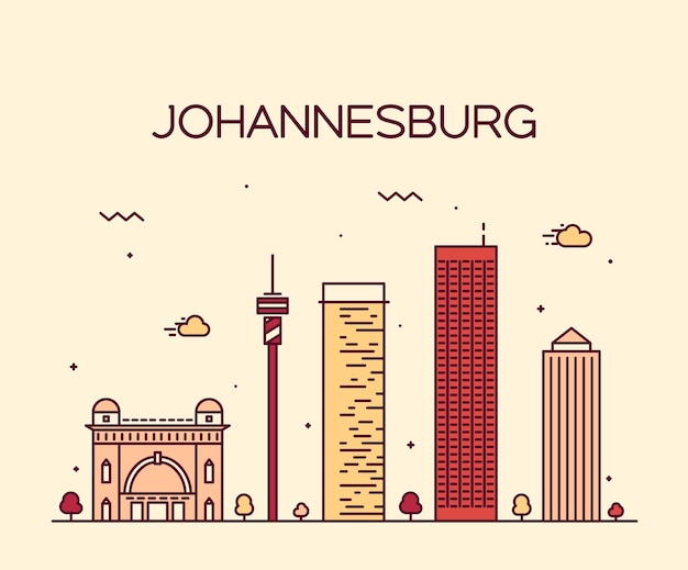 Horizonte de Johannesburgo, silueta detallada. Ilustración de vector de moda, estilo lineal.