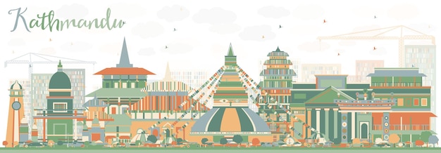 Horizonte de Katmandú con edificios de color. Ilustración de vector. Concepto de turismo y viajes de negocios con arquitectura histórica. Imagen para el cartel de presentación y el sitio web.
