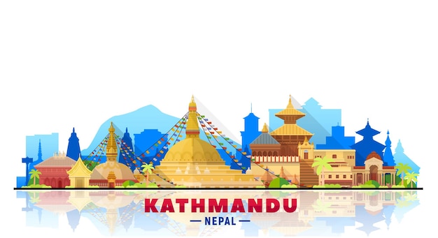 Horizonte de Katmandú Nepal con panorama en fondo blanco. Ilustración vectorial. Concepto de turismo y viajes de negocios con edificios modernos. Imagen para banner o sitio web.