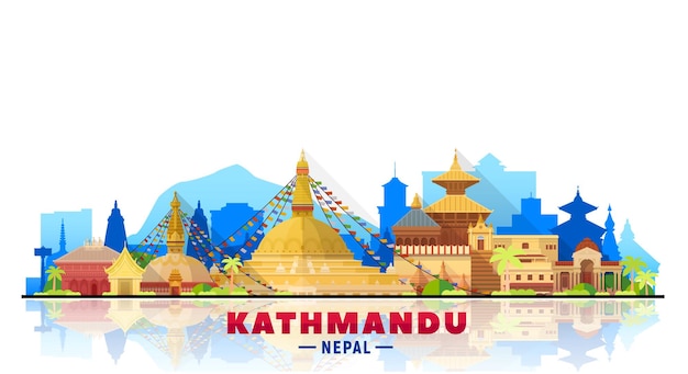 Horizonte de katmandú nepal con panorama en fondo blanco. ilustración vectorial. concepto de turismo y viajes de negocios con edificios modernos. imagen para banner o sitio web.