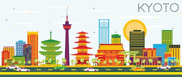 Horizonte de kyoto con edificios de color y cielo azul. ilustración de vector. concepto de turismo y viajes de negocios con arquitectura histórica. imagen para el cartel de presentación y el sitio web.