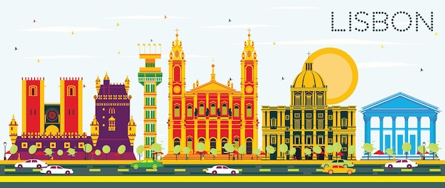 Horizonte de Lisboa con edificios de color y cielo azul. Ilustración de vector. Concepto de turismo y viajes de negocios con arquitectura histórica. Imagen para el cartel de presentación y el sitio web.