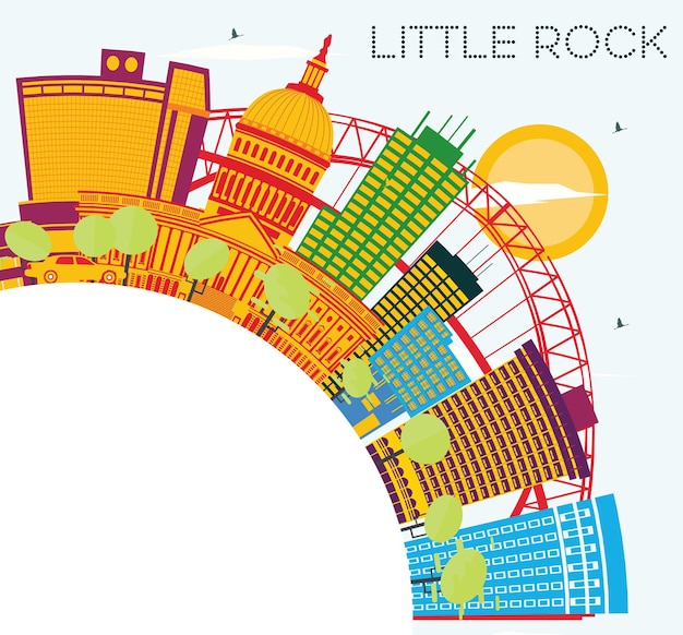 Horizonte de little rock con edificios de color, cielo azul y espacio de copia. ilustración de vector. concepto de turismo y viajes de negocios. imagen para el cartel de presentación y el sitio web.