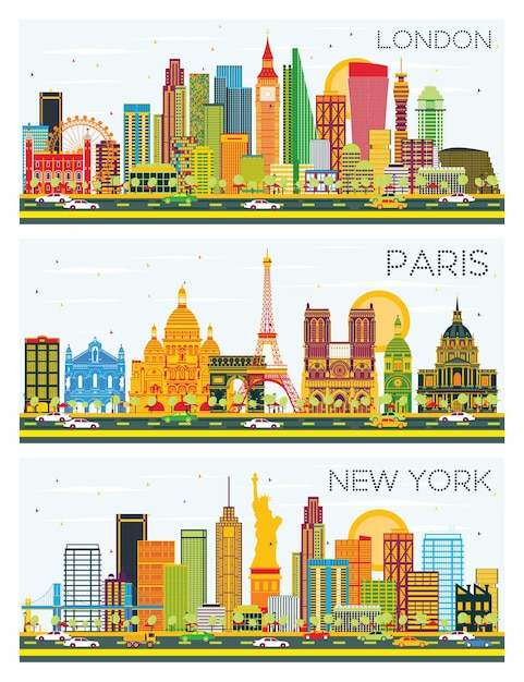 Horizonte de Londres, París, Nueva York con edificios de color y cielo azul. Ilustración de vector. Concepto de turismo y viajes de negocios con arquitectura histórica.