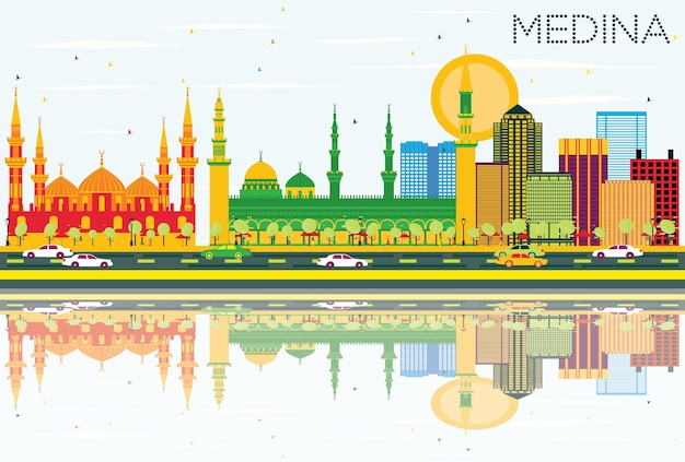 Vector horizonte de medina con edificios de color, cielo azul y reflejos. ilustración de vector. concepto de turismo y viajes de negocios con edificios históricos. imagen para el cartel de presentación y el sitio web.