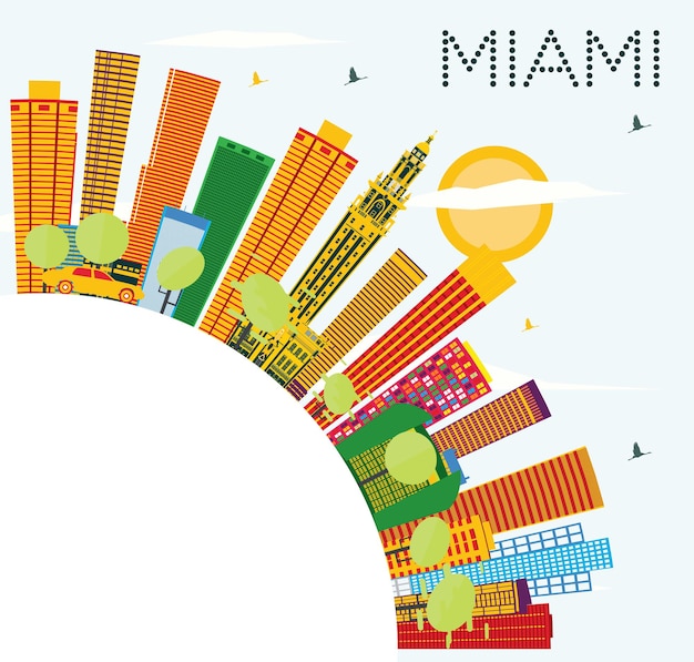 Vector horizonte de miami con edificios de color, cielo azul y espacio de copia. ilustración de vector. concepto de turismo y viajes de negocios con arquitectura moderna.