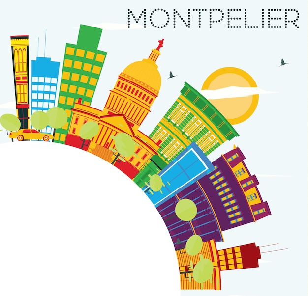 Vector horizonte de montpelier con edificios de color, cielo azul y espacio de copia. ilustración de vector. concepto de turismo y viajes de negocios. imagen para el cartel de presentación y el sitio web.