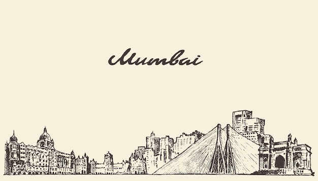 Horizonte de Mumbai, ilustración grabada de vector vintage, dibujado a mano, boceto