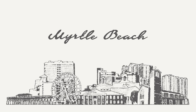 Vector horizonte de myrtle beach, carolina del sur, ee.uu., ilustración vectorial dibujada a mano, boceto