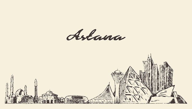 Horizonte de nur-sultan (astana), kazajstán, ilustración vectorial dibujada a mano, boceto