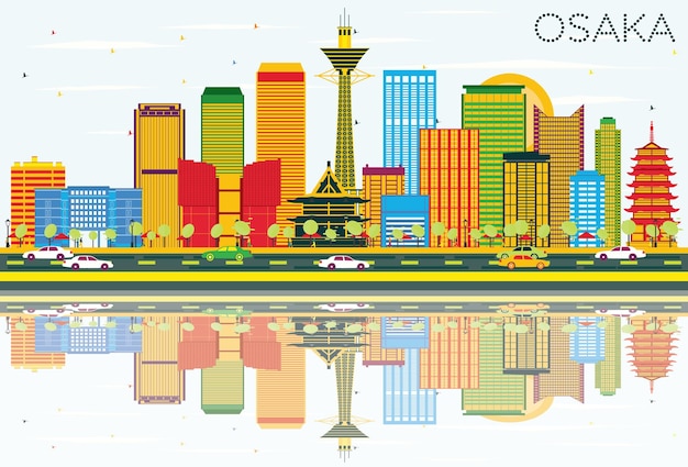 Horizonte de Osaka con edificios de color, cielo azul y reflejos. Ilustración de vector. Concepto de turismo y viajes de negocios con arquitectura moderna. Imagen para el cartel de presentación y el sitio web.