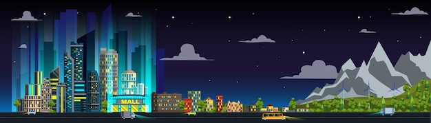 Horizonte de paisaje urbano nocturno con rascacielos iluminados al atardecer. Vista panorámica de bienes raíces comerciales y edificio de apartamentos residenciales en la ilustración de vector de distrito del centro de la metrópoli