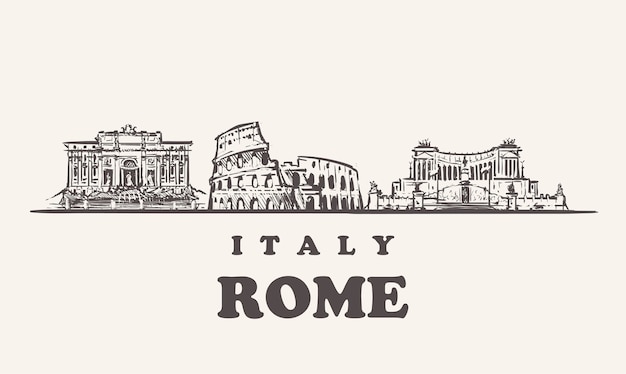 Vector horizonte de roma, ilustración vintage de italia, edificios dibujados a mano de roma sobre fondo blanco.