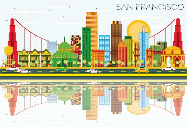 Vector horizonte de san francisco con edificios de color cielo azul y reflejos ilustración vectorial