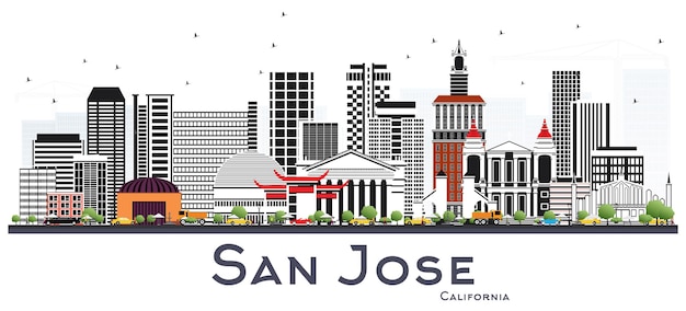 Horizonte de San José California con edificios grises aislados en blanco. Ilustración de vector. Concepto de turismo y viajes de negocios con arquitectura moderna. Paisaje urbano de San José con hitos.
