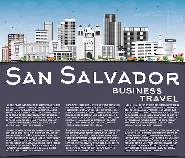 Horizonte de san salvador con edificios grises, cielo azul y espacio de copia, ilustración vectorial