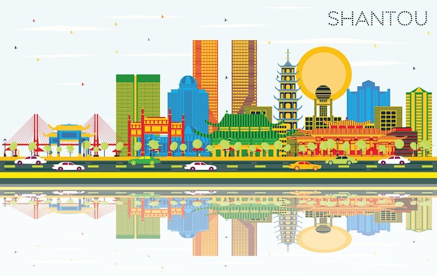 Vector horizonte de shantou china con edificios de color, cielo azul y reflejos. ilustración de vector. concepto de turismo y viajes de negocios con arquitectura moderna. paisaje urbano de shantou con hitos.