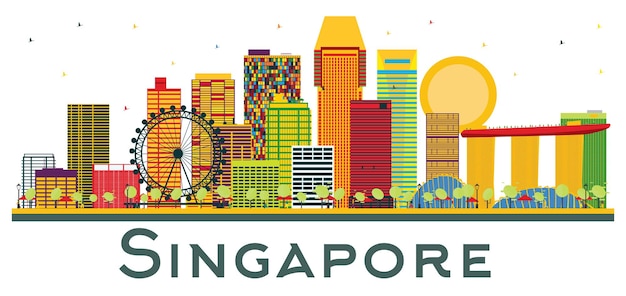 Vector horizonte de singapur con edificios de colores aislados sobre fondo blanco. ilustración de vector. concepto de turismo y viajes de negocios. paisaje urbano de singapur con hitos.