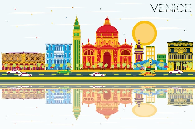 Horizonte de venecia con edificios de color, cielo azul y reflejos. ilustración de vector. concepto de turismo y viajes de negocios con arquitectura histórica. imagen para el cartel de presentación y el sitio web.