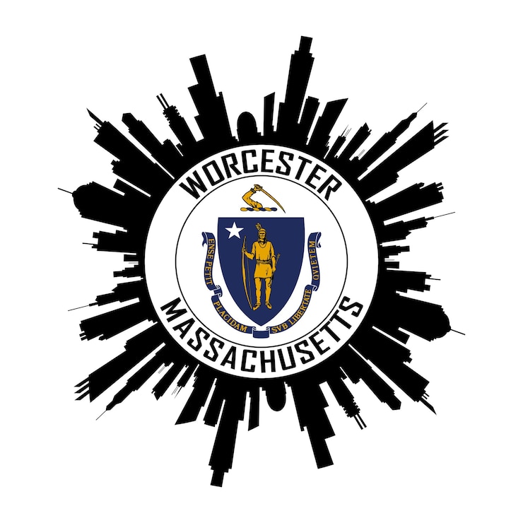 Vector el horizonte de worcester, massachusetts, la bandera de los estados unidos, el recuerdo de viaje.
