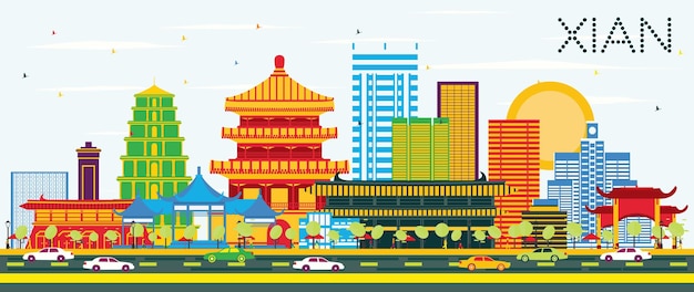 Horizonte de Xian China con edificios de color y cielo azul. Ilustración de vector. Concepto de turismo y viajes de negocios con arquitectura histórica. Paisaje urbano de Xian con hitos.