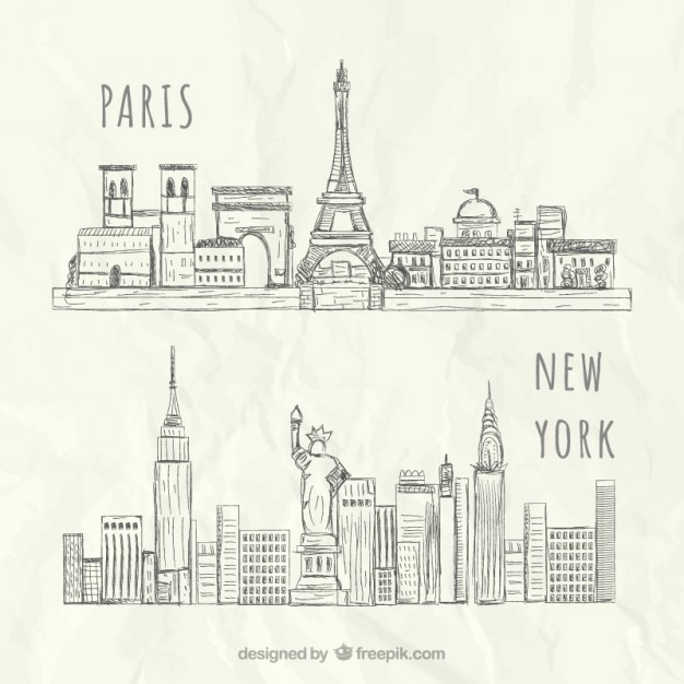 Vector horizontes esbozados de nueva york y parís